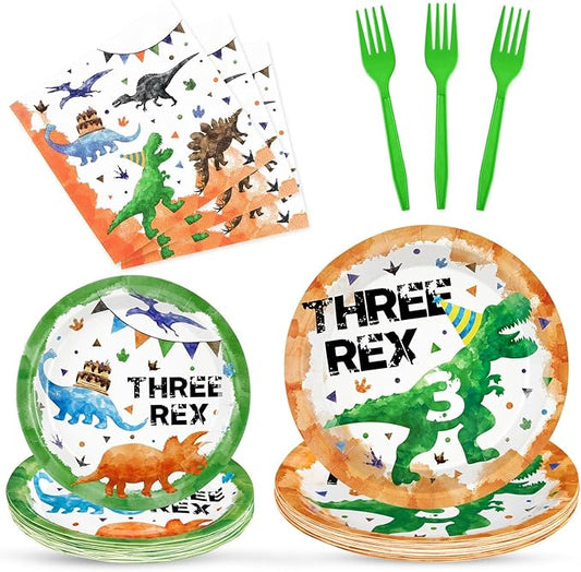 Three Rex Birthday Decorations 64PCS Dinosaur Plates Napkins and
