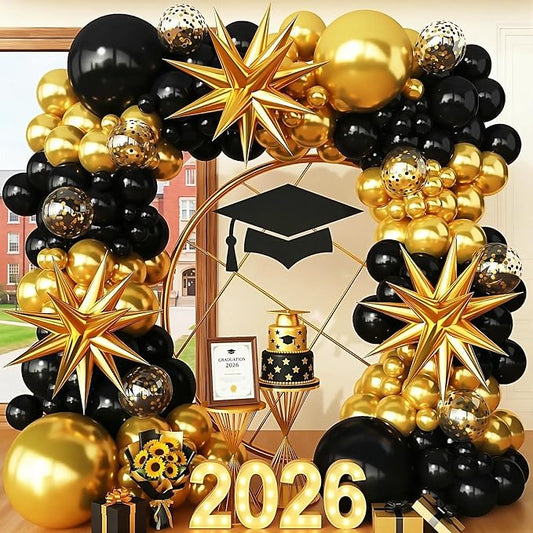 Black and Gold Balloon Garland Arch Kit for 2026 Graduation Birthday