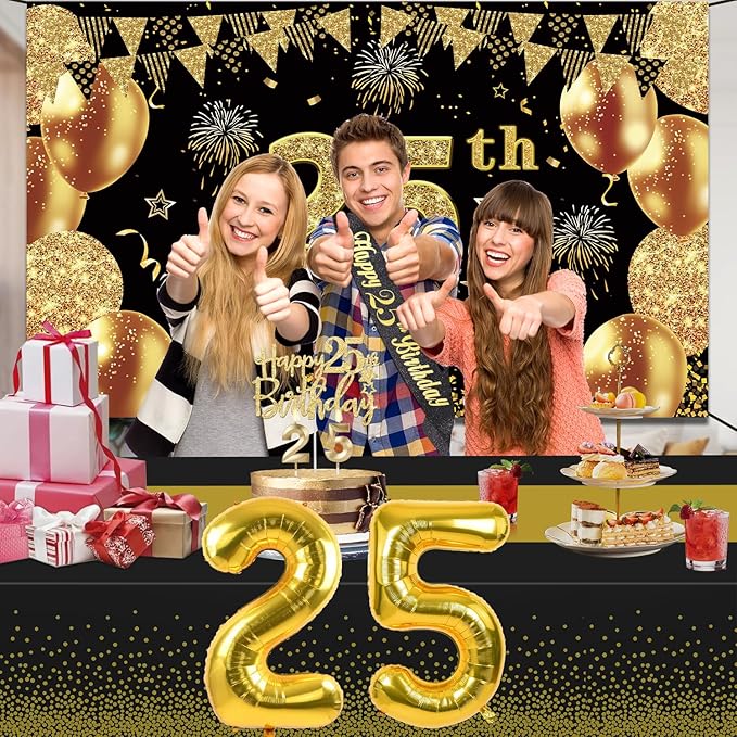 25th Birthday Decorations Men Women with 25th Birthday Banner Black