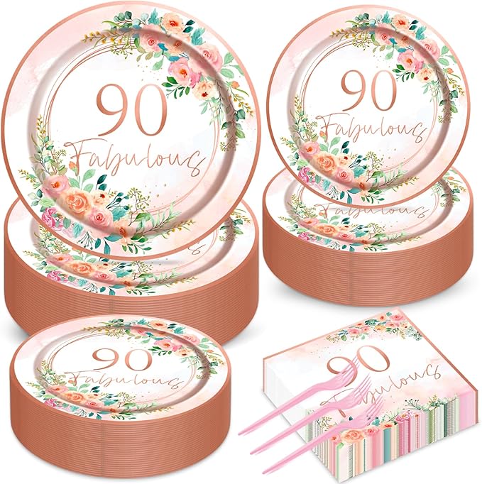 50 Guests 90th Party Decorations Plates Napkins Rose Gold Party