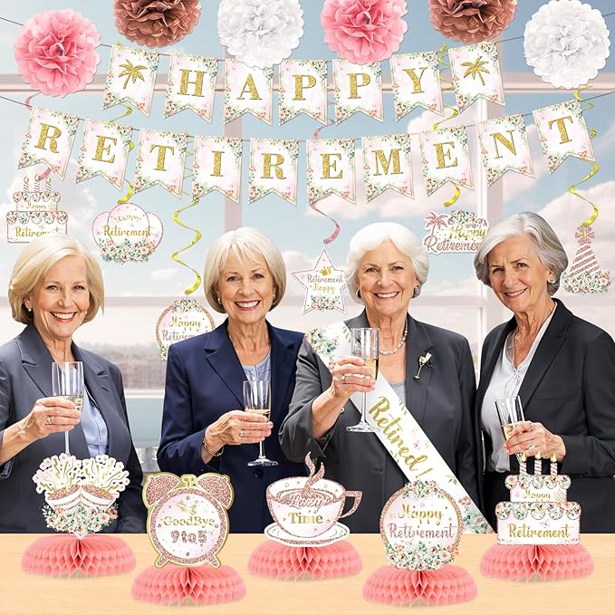 Pink Floral Retirement Party Decorations for Women Happy Retirement
