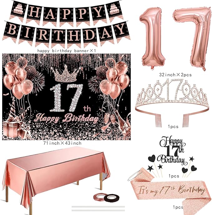 17th Birthday Decorations for Teen Girls Black Rose Gold Party Kit