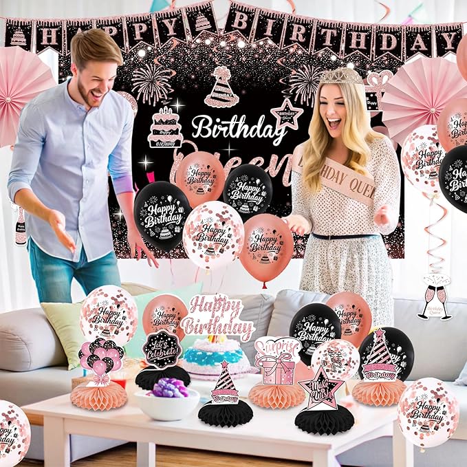 Rose Gold Birthday Decorations for Women 37Pcs Happy Queen Party Kit