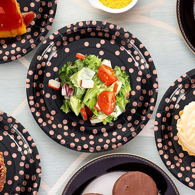 Black and Rose Gold Paper Plates and Napkins-200 Pack - Paper Plates