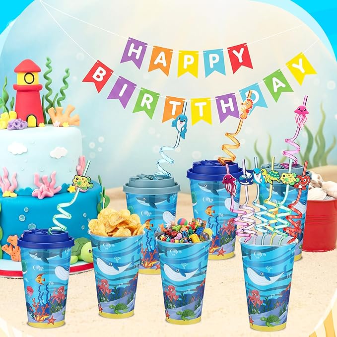 16 Sets Under the Sea Ocean Party Favors Goodie Cups with Lids and