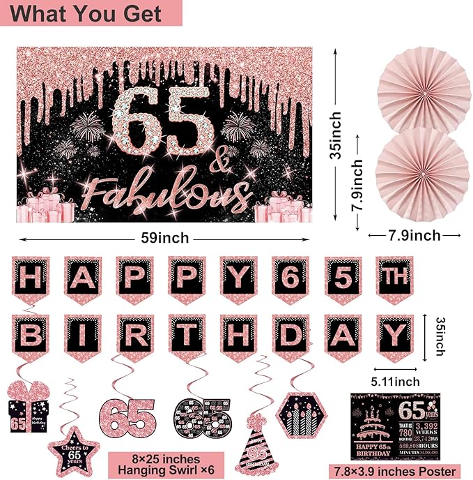 65th Birthday Decorations for Women 32PCS 65th Birthday Party