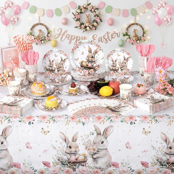 452 Pcs Easter Bunny Party Supplies for 50 Guests Pink Floral Easter