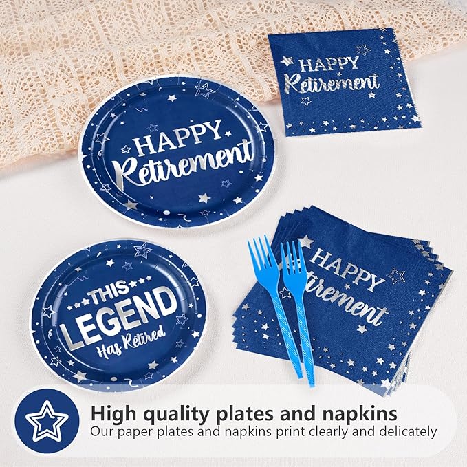 96 Pcs Retirement Party Supplies Blue and Silver Happy Retirement