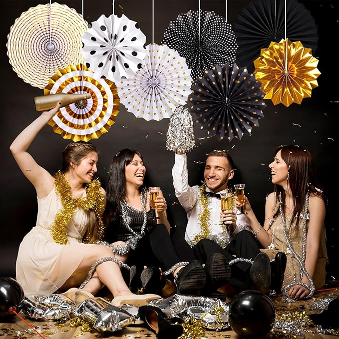 Black and Gold Decorations Hanging Honeycomb Paper Pompoms Fan for