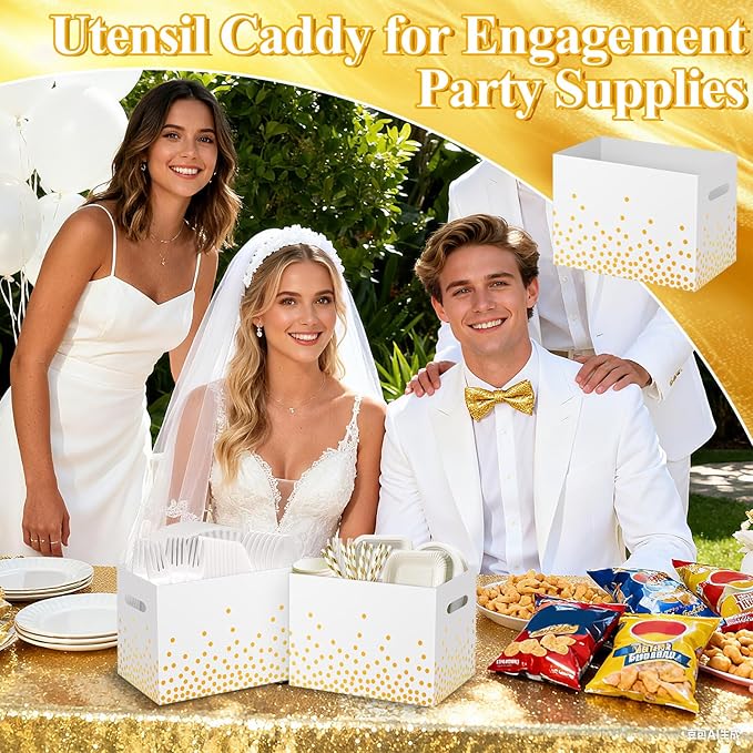 2PCS White and Gold Utensil Holder Paper Utensil Caddy for Engagement