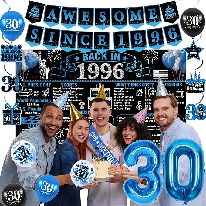 30th Birthday Decorations for Men 20PCS Black Blue Back in 1996