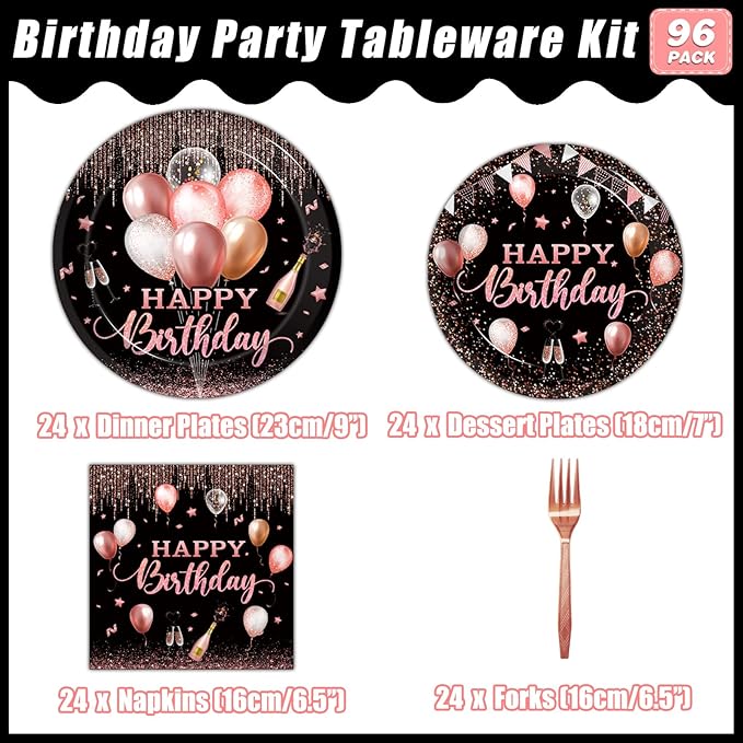 96 Pcs Rose Gold Birthday Plates and Napkins Party Supplies for