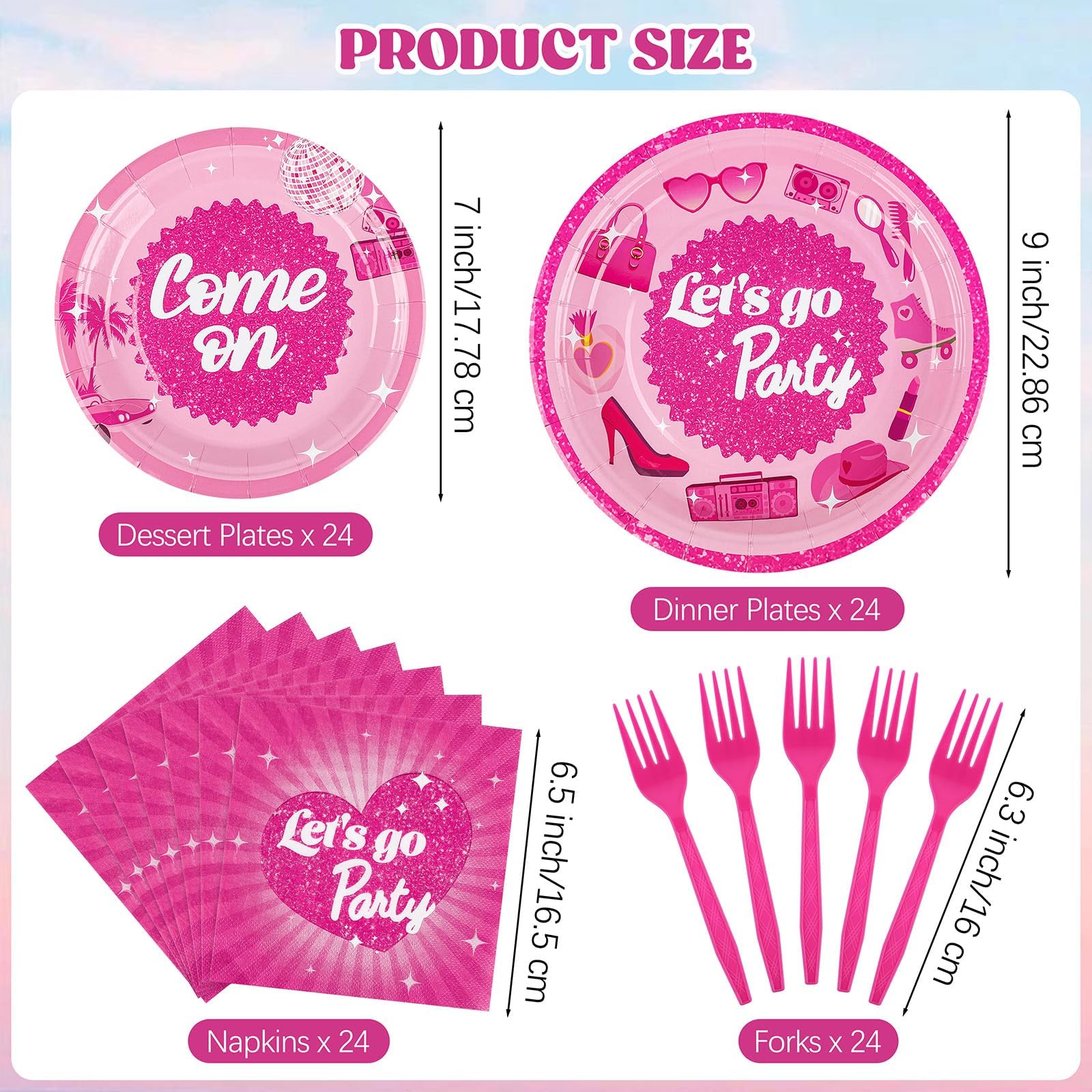 durony 96 Pieces Let's Go Party Supplies Serve 24 Guests Hot Pink