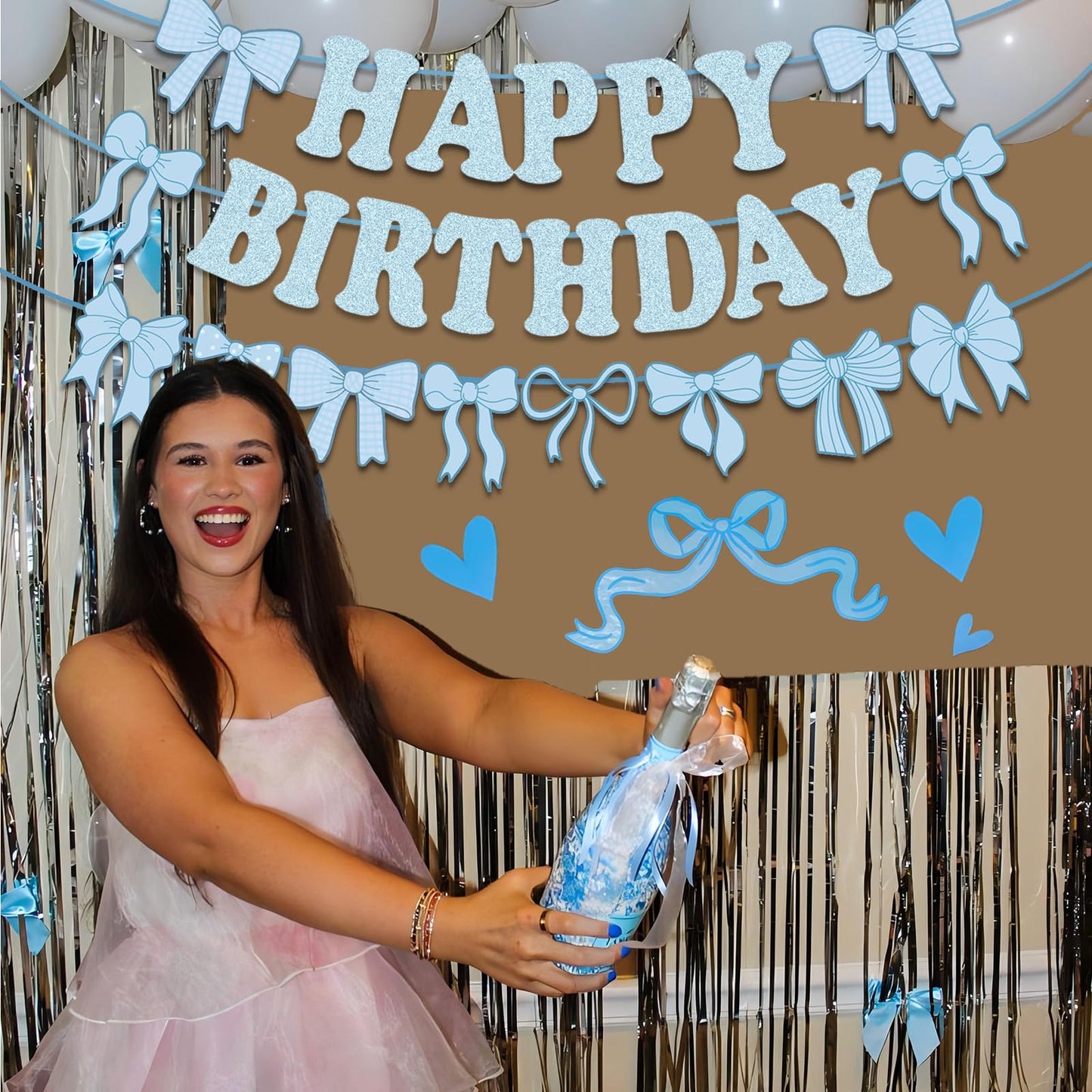 Pre-Strung Blue Bow Decorations Glitter Happy Birthday Banner Bow