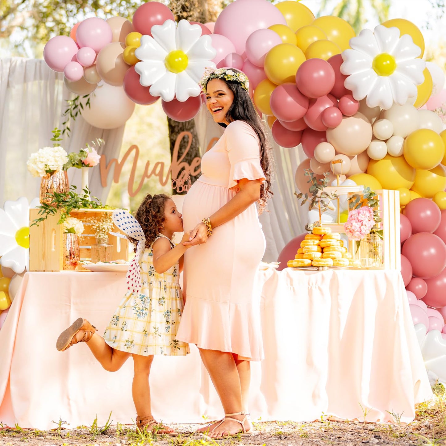 Groovy Daisy Balloon Arch, Boho Balloon Arch Kit with Dusty Pink Light