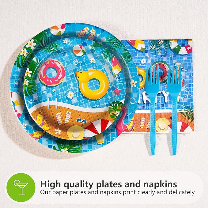 200 Pcs Pool Party Supplies Summer Pool Party Plates and Napkins