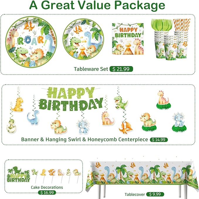 201Pcs Dinosaur Birthday Decorations Tableware Set Serve 25 Dinosaur