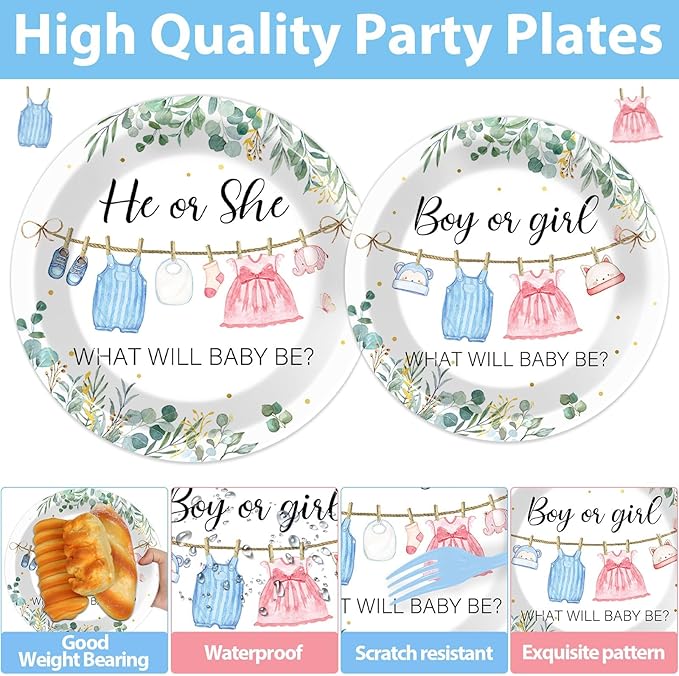 96Pcs Greenery Gender Reveal Party Decorations for Boy or Girl Baby
