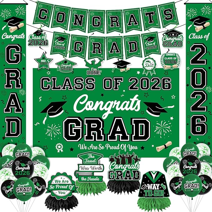 Graduation Decorations 2026 Green Graduation Party Decor Set include