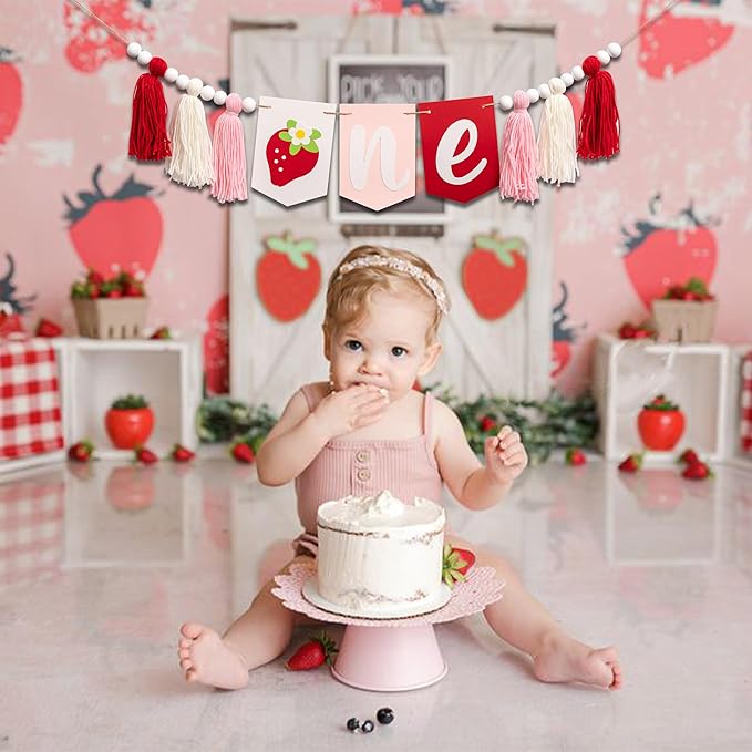 Berry First Birthday High Chair Banner Strawberry Tassel Garland
