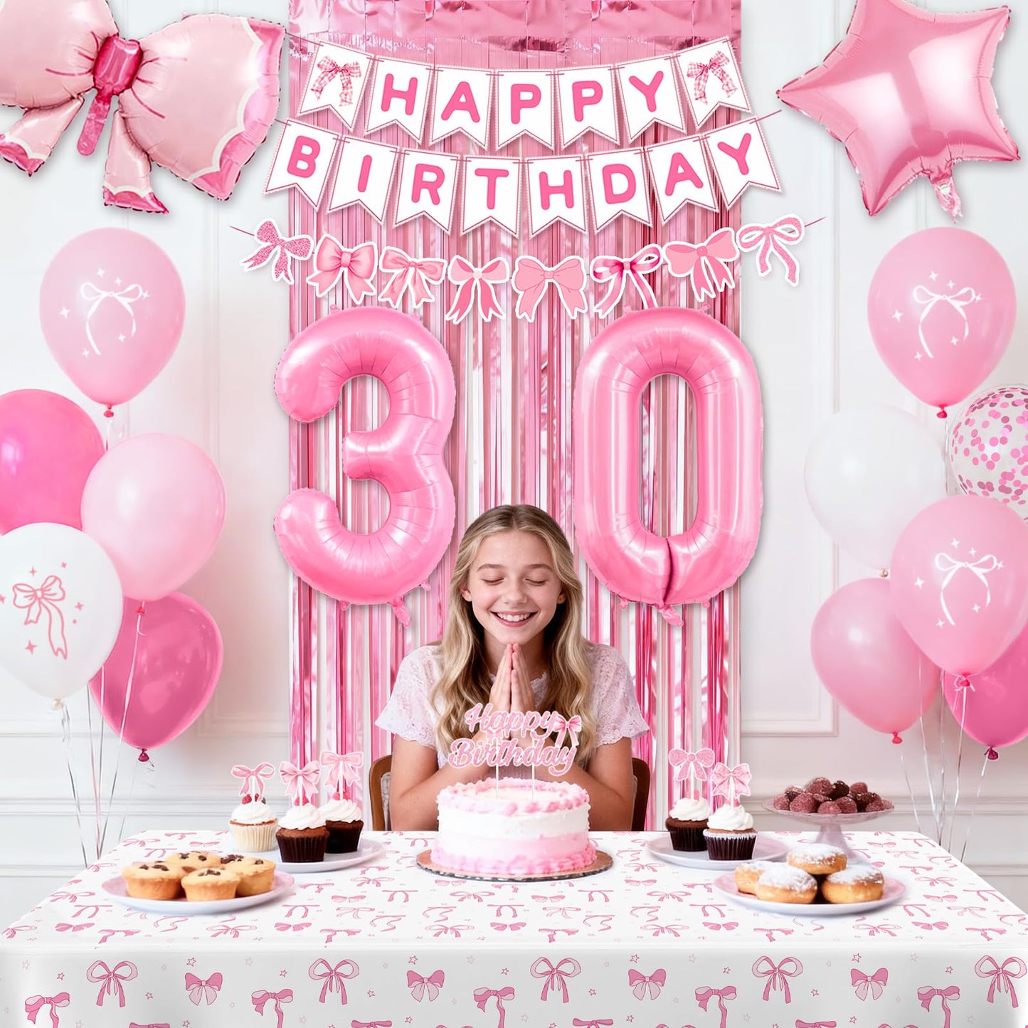 30th Pink Birthday Decorations for Women, Pink Bow Coquette Birthday