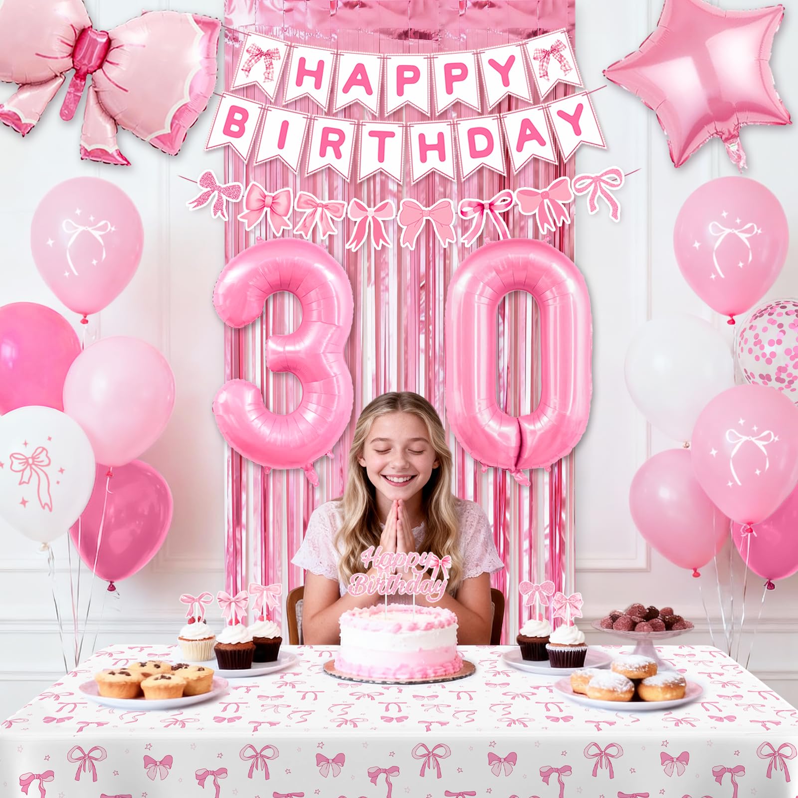 30th Pink Birthday Decorations for Women, Pink Bow Coquette Birthday