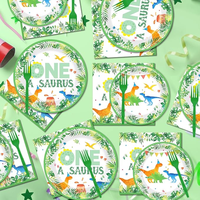 96Pcs One A Saurus Birthday Party Plates and Napkins Dinosaur First