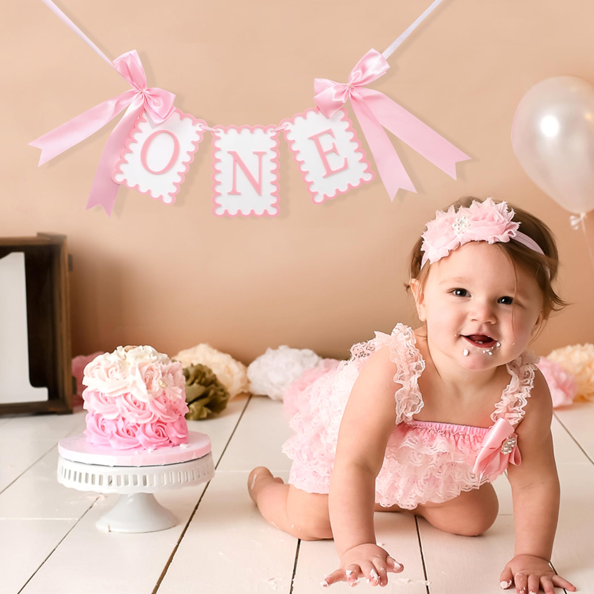Girls 1st Birthday Decorations - Pink Bow High Chair Banner, Bow First