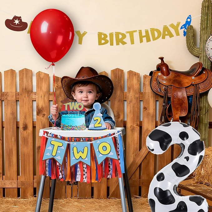 Cartoon Toy Highchair Banner for 2nd Birthday Party Decorations Two