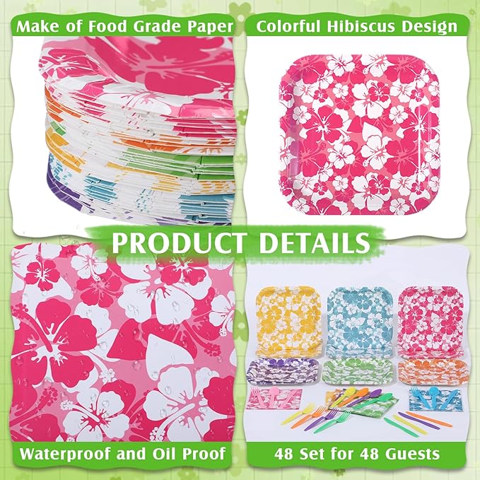 240 Pcs Hibiscus Party Square Plates and Napkins Hawaiian Theme