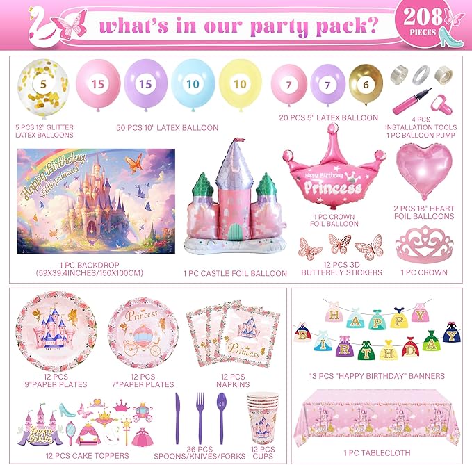 Party Spot! 208 PCS Princess Birthday Party Decorations For Girl 12