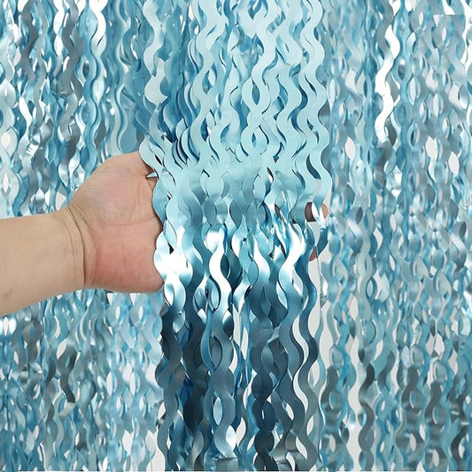 4 Pack Wavy Blue Foil Fringe Curtain 3.3x6.6 Feet | Blue Streamers