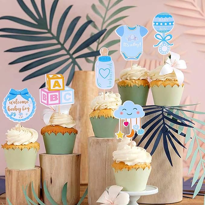 36 Pack Gender Reveal Cupcake Toppers Glitter Bottle Little Star