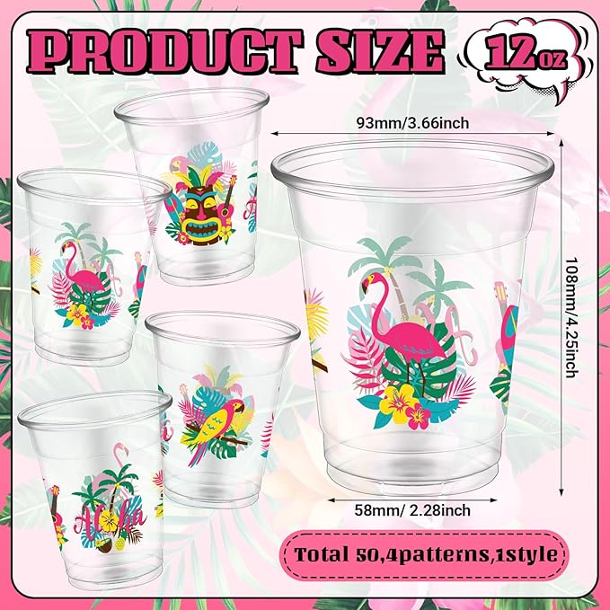 50 Pcs Summer Hawaiian Cups 12 oz Plastic Tropical Luau Glasses