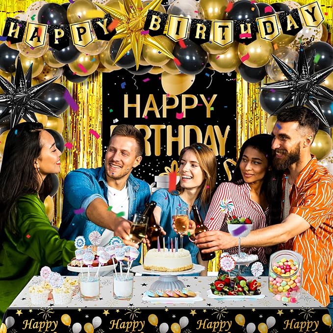 Black and Gold Birthday Decorations for Men Women Happy Birthday
