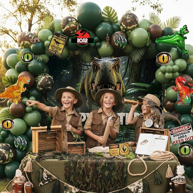 Dinosaur Birthday Decorations with Hunter Green Brown balloon arch &