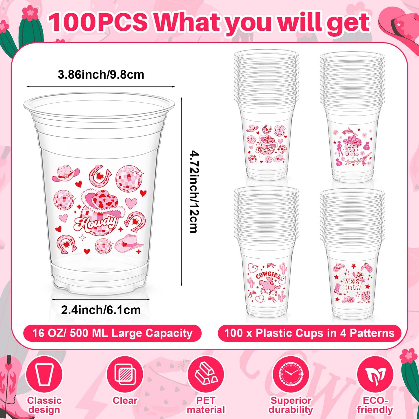 Geyoga 100 Pcs Western Cowgirl Plastic Cups 16 oz Pink Cowgirl