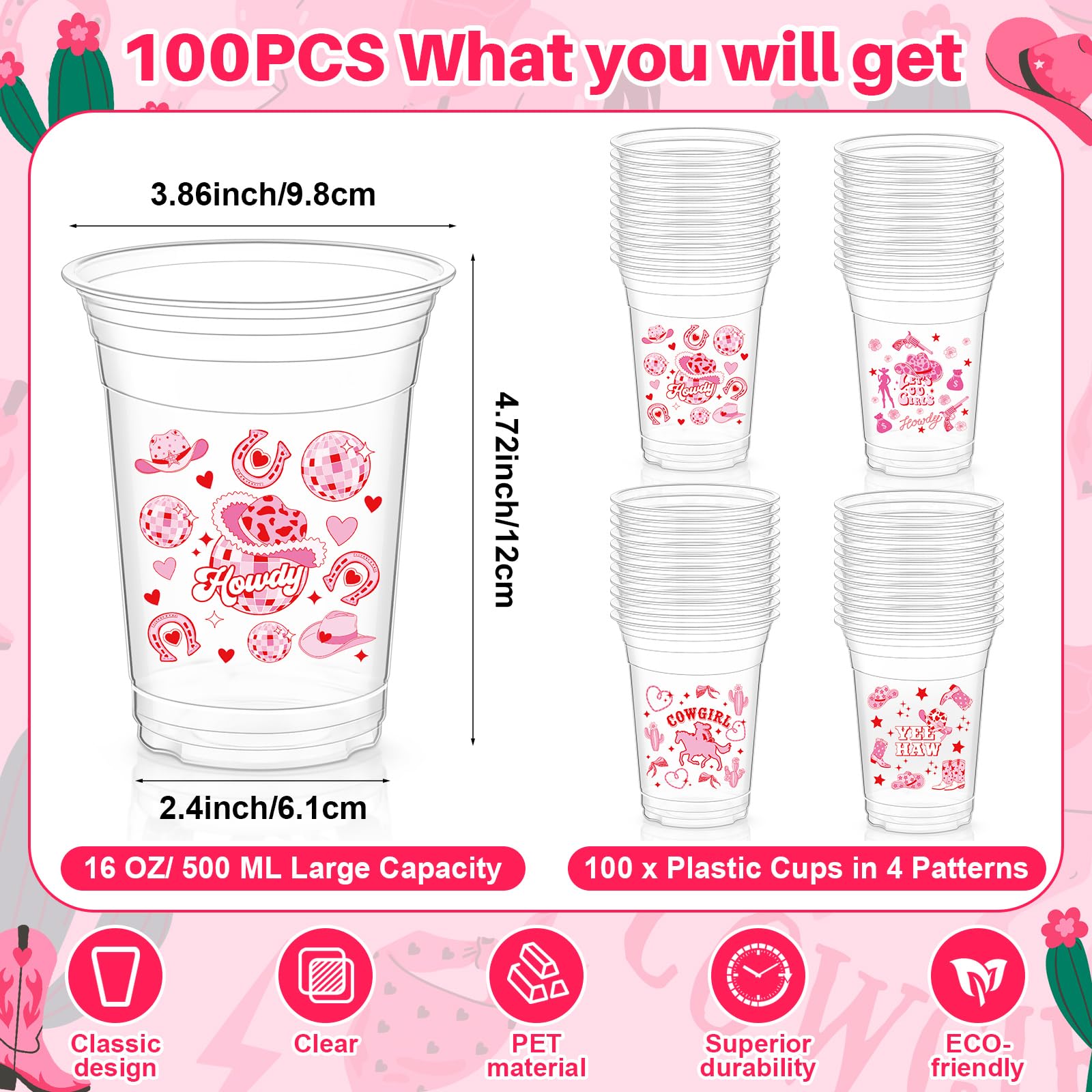Geyoga 100 Pcs Western Cowgirl Plastic Cups 16 oz Pink Cowgirl