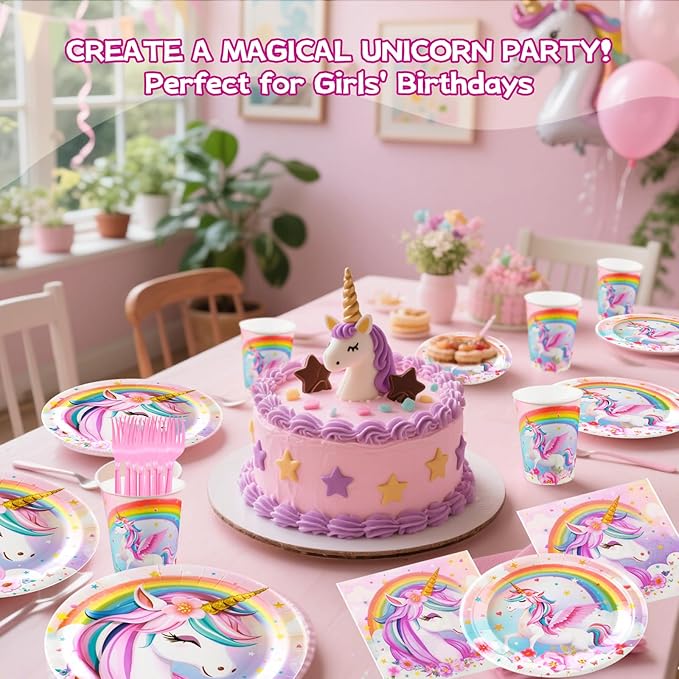 Unicorn Birthday Party Supplies Set Disposable Tableware for 24