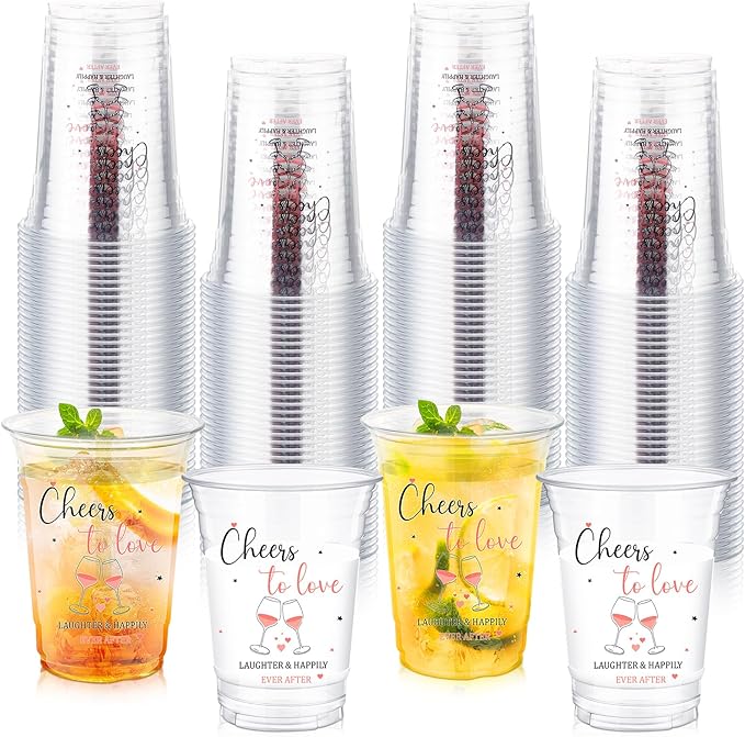 100 Pcs Plastic Wedding Cups 16 oz Cheers to Love Wedding Reception