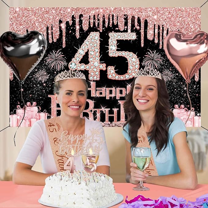 45th Birthday Decorations for Women 49pcs Black Rose Gold Black