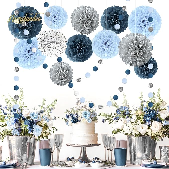 Dusty Blue Wedding Decorations 15 PCS Tissue Pom Poms Paper Garland
