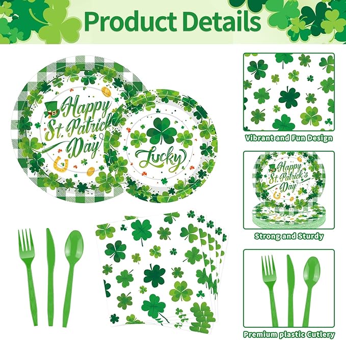 175 Pcs St Patrick's Day Tableware Set Serves 25 Green Lucky