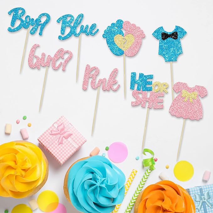 24Pcs Boy or Girl Cupcake Toppers Glitter Feet Onesie Dress Gender