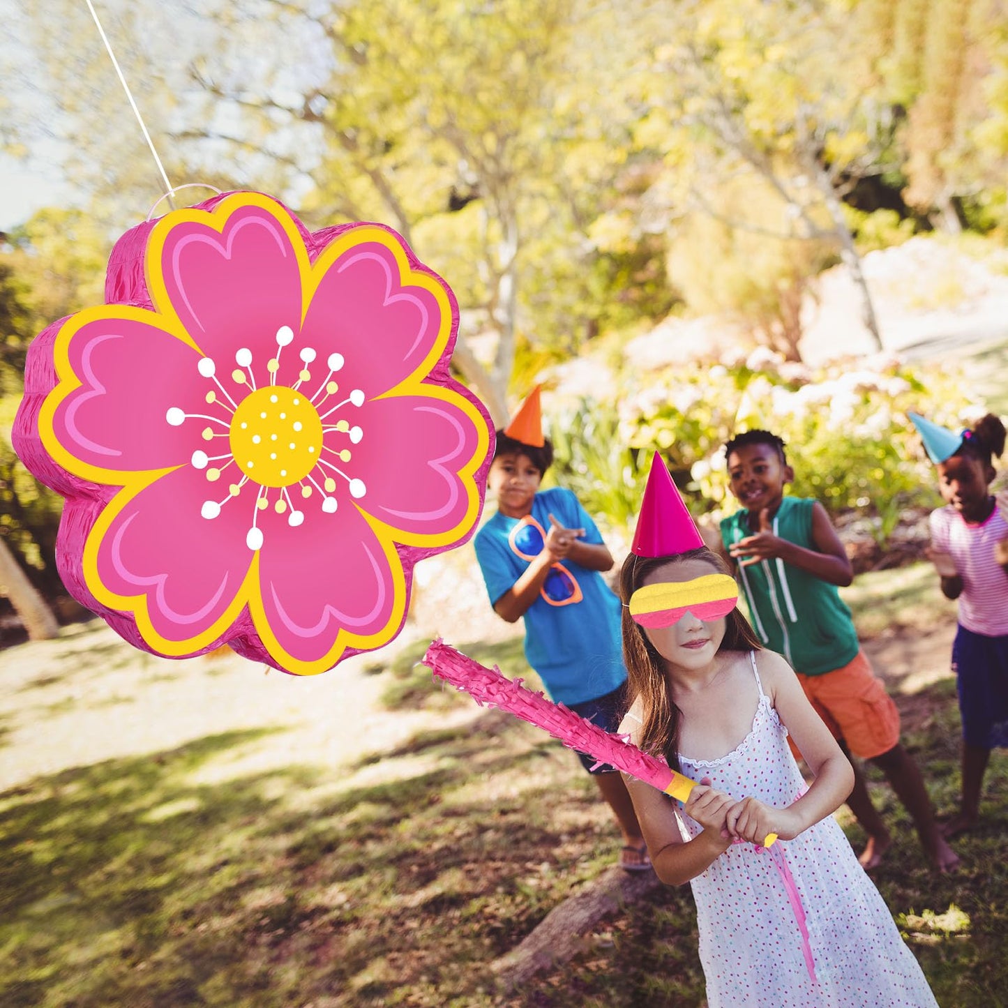 Aoriher Daisy Flower Piñata Set with Blindfold and Bat Pink Flower