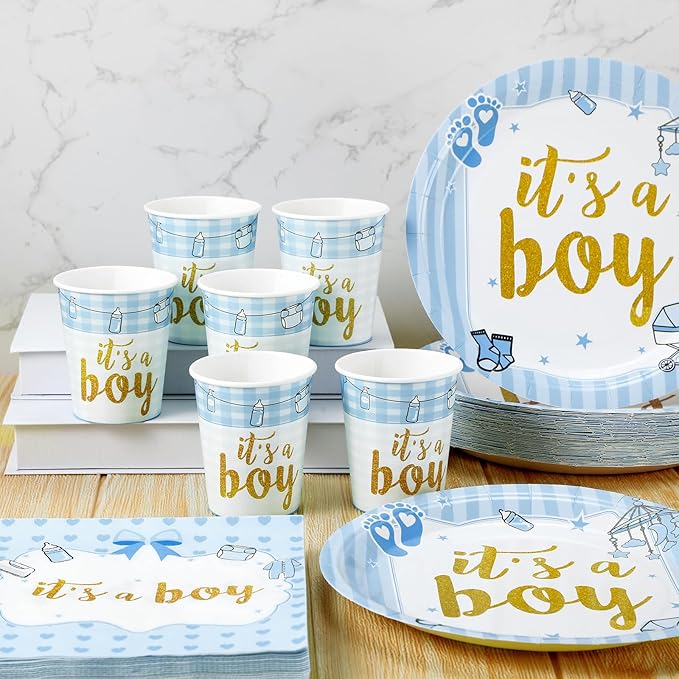 200 Pcs Blue Baby Shower Paper Plates Napkins Cups Boy Baby Shower