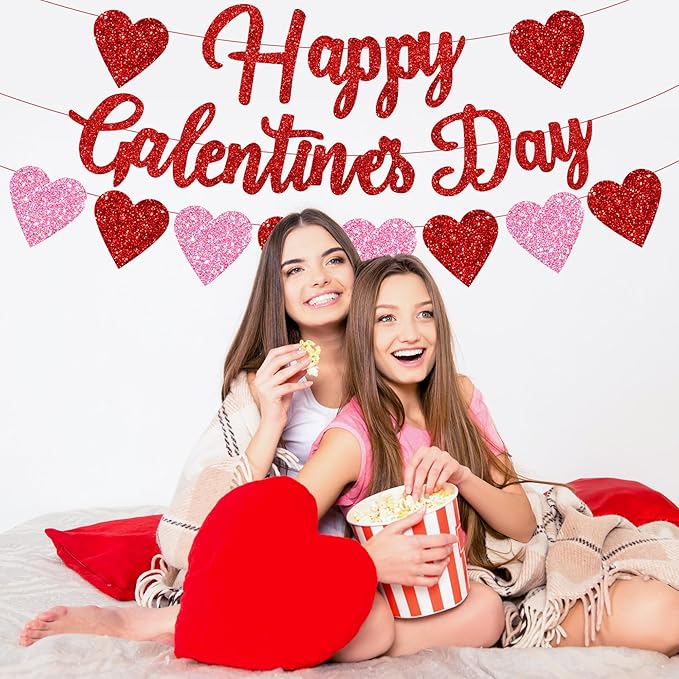 Happy Galentine's Day Banner with Red Pink Glitter Hearts for Home