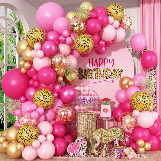 Hot Pink Cheetah Print Balloon Arch Kit 112Pcs Pink Gold Balloon