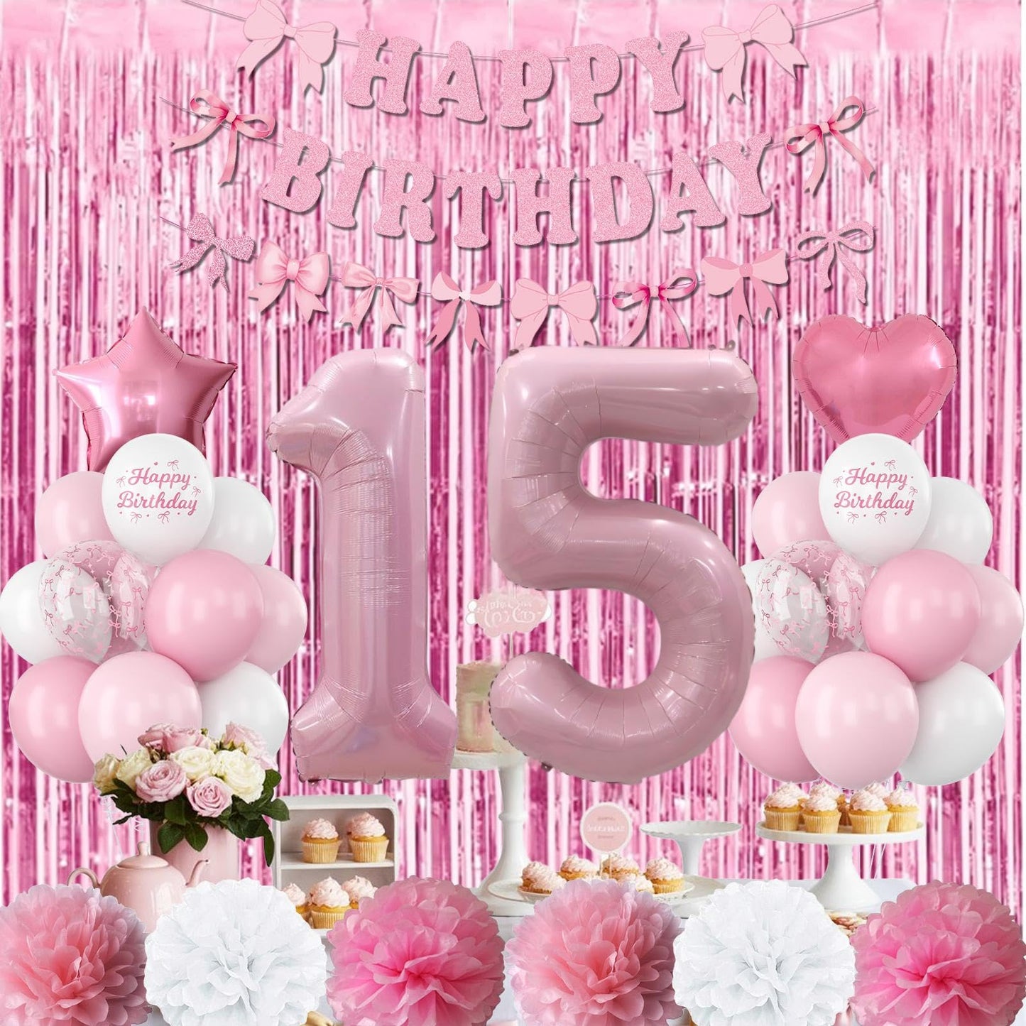 15th Birthday Decorations for Girls Pink Number 15 Balloon Bow
