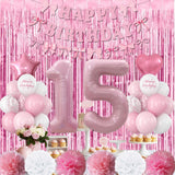 15th Birthday Decorations for Girls Pink Number 15 Balloon Bow